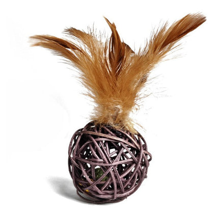 FUREVER365 Natural Rattan Ball Cat Toy with Feather & Catnip Ball Interactive Molar Chew Toy Kucing