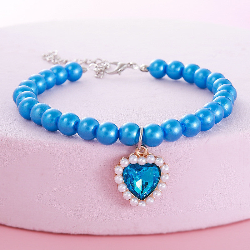 FUREVER365 Pet Pearl Necklace for Cat Dog Cute Heart Pendant Adjustable Elastic Collar Jewelry Kucing