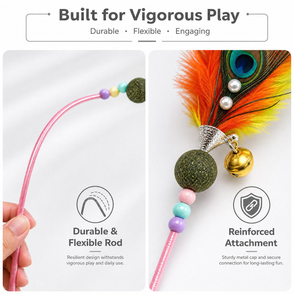 FUREVER365 Interactive Cat Teaser Wand Catnip Silvervine Molar Stick Feather Toy with Bell Kitten