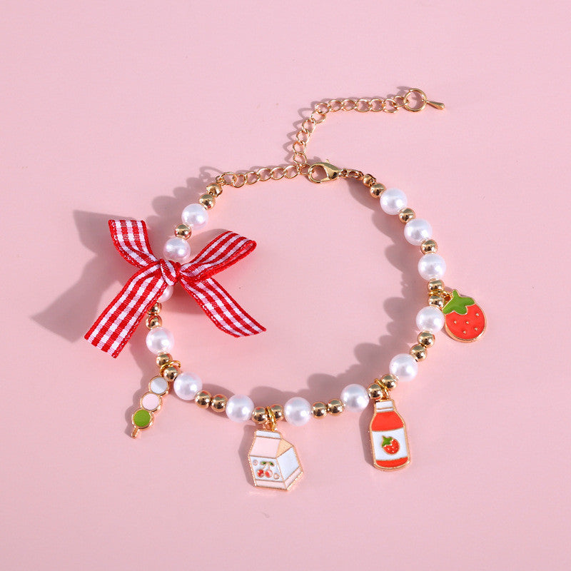 FUREVER365 Cute Pet Pearl Collar with Bow Tie Bell Cat Dog Rabbit Birthday Necklace Adjustable Scarf