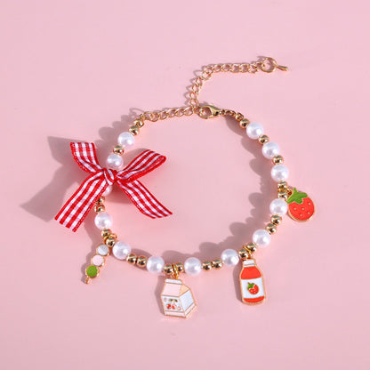 FUREVER365 Cute Pet Pearl Collar with Bow Tie Bell Cat Dog Rabbit Birthday Necklace Adjustable Scarf