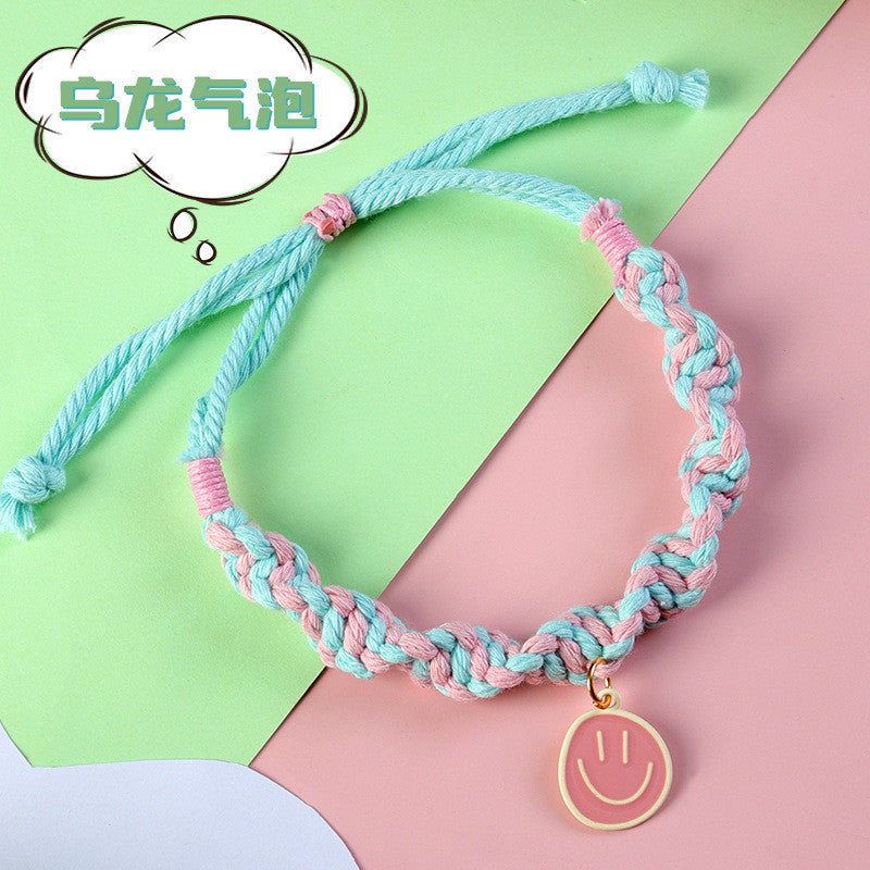 FUREVER365 Handmade Woven Pet Collar Cute Smiley Pendant Cat Dog Dopamine Color Adjustable Necklace