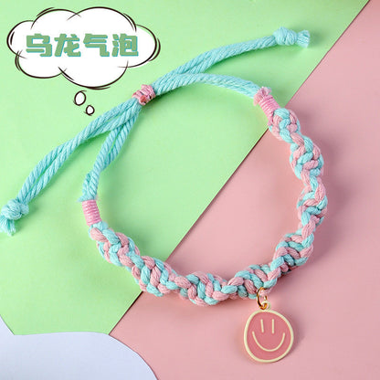 FUREVER365 Handmade Woven Pet Collar Cute Smiley Pendant Cat Dog Dopamine Color Adjustable Necklace