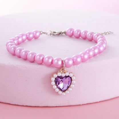 FUREVER365 Pet Pearl Necklace for Cat Dog Cute Heart Pendant Adjustable Elastic Collar Jewelry Kucing