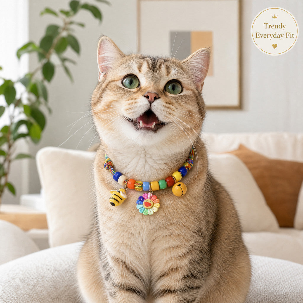 FUREVER365 Colorful Bead Pet Collar Adjustable Cat Dog Necklace Cute Smiley Heart Sun Flower Pendant