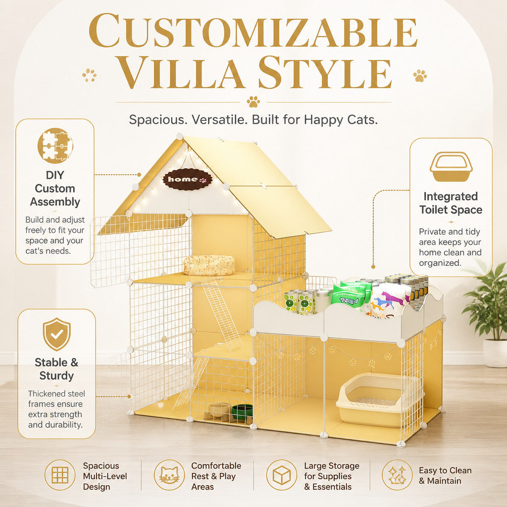 FUREVER365 Luxury Cat Villa Cage DIY Large Space Pet House with Toilet Area Indoor Metal Cat Kennel