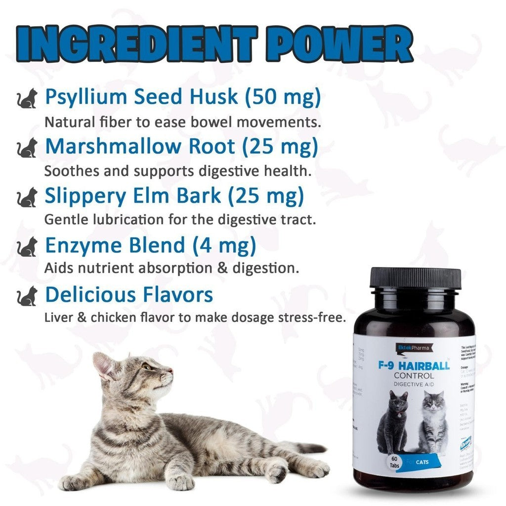 F-9 Hairball Control Tablets - Supports Digestive Health & Hairball Management in Cats