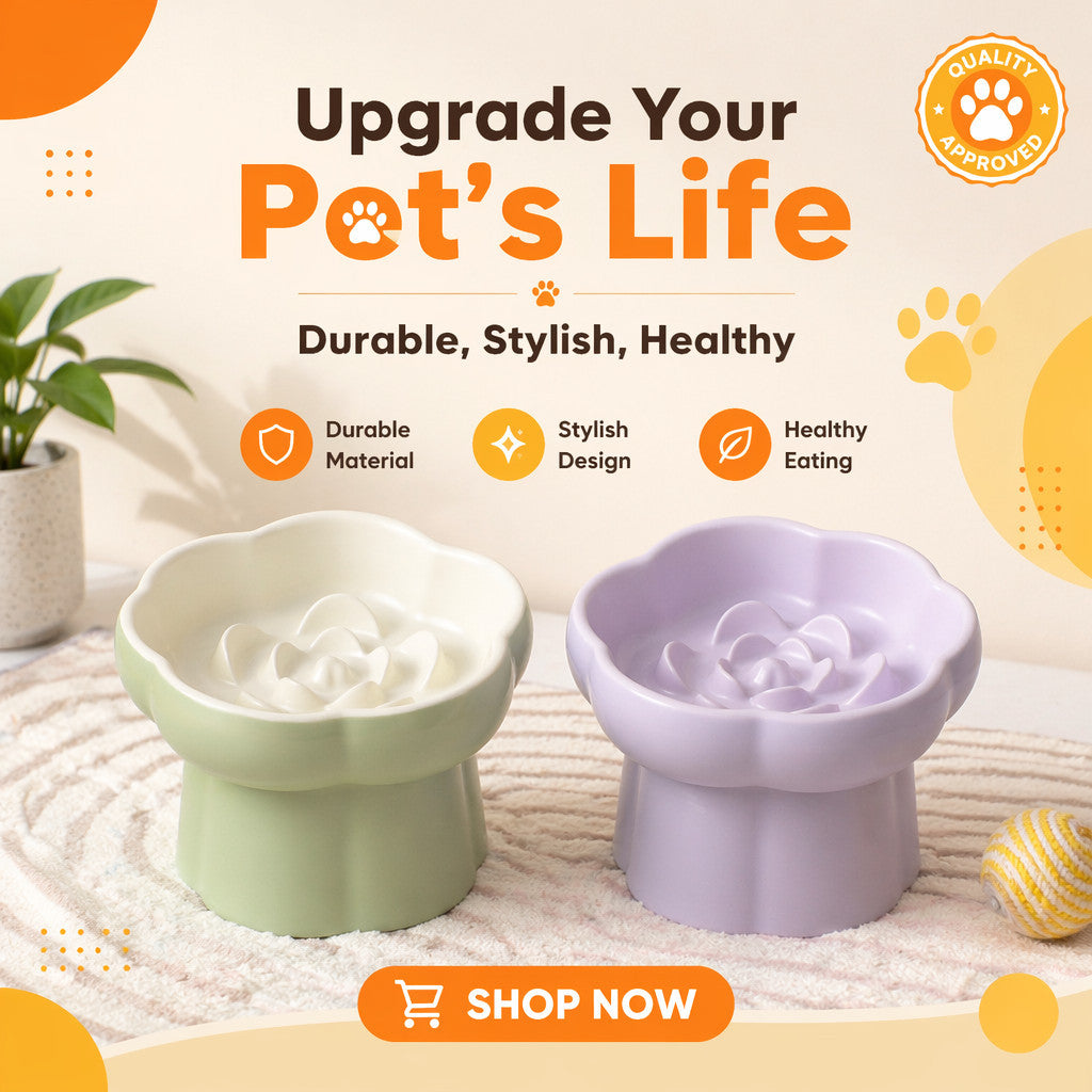 FUREVER365  Elevated Ceramic Slow Feeder Bowl for Cat Dog Anti-Choking Neck Guard High Foot Pet Bowl