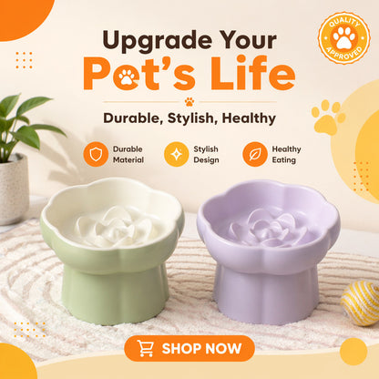 FUREVER365  Elevated Ceramic Slow Feeder Bowl for Cat Dog Anti-Choking Neck Guard High Foot Pet Bowl