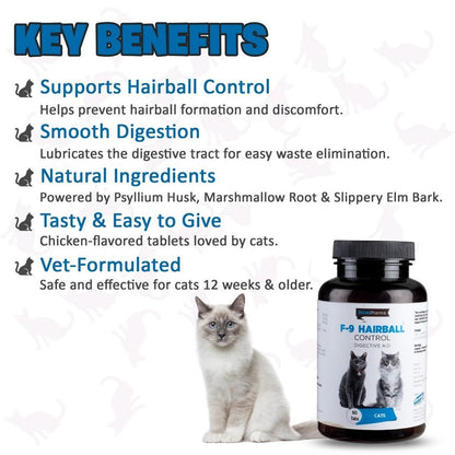 F-9 Hairball Control Tablets - Supports Digestive Health & Hairball Management in Cats