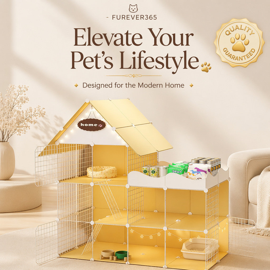 FUREVER365 Luxury Cat Villa Cage DIY Large Space Pet House with Toilet Area Indoor Metal Cat Kennel