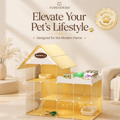 FUREVER365 Luxury Cat Villa Cage DIY Large Space Pet House with Toilet Area Indoor Metal Cat Kennel