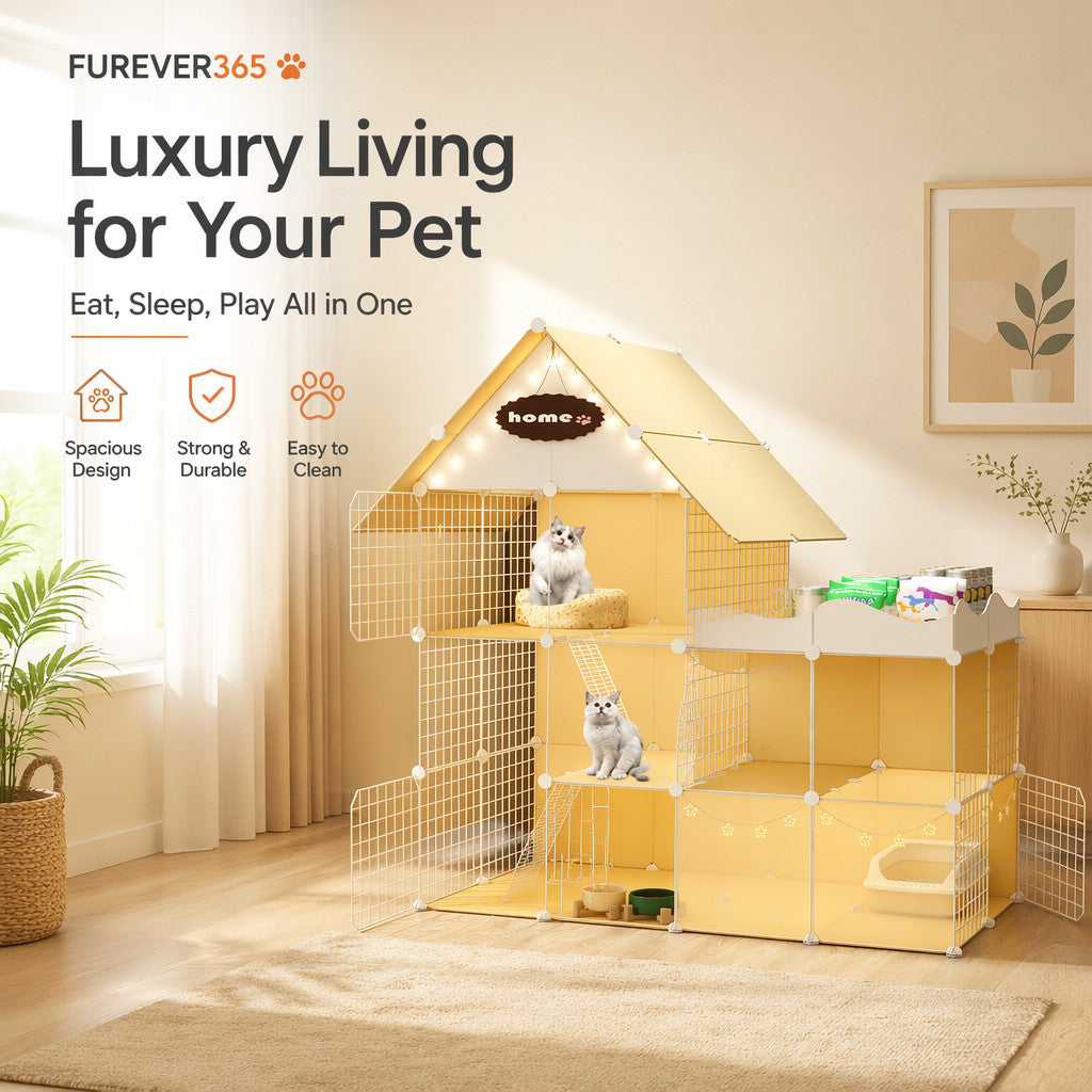 FUREVER365 Luxury Cat Villa Cage DIY Large Space Pet House with Toilet Area Indoor Metal Cat Kennel