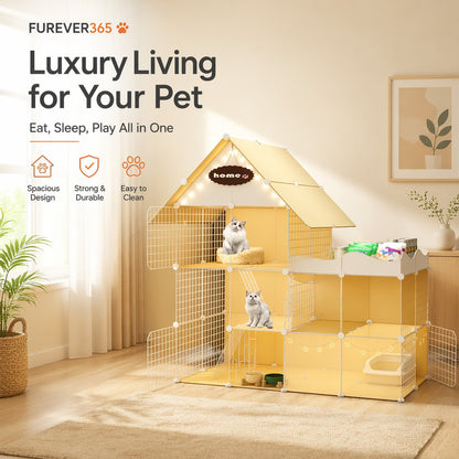 FUREVER365 Luxury Cat Villa Cage DIY Large Space Pet House with Toilet Area Indoor Metal Cat Kennel
