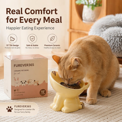 FUREVER365 Ceramic Cat Bowl Cervical Protection Slanted Anti-Tip Food Water Basin Comel Pet Feeder
