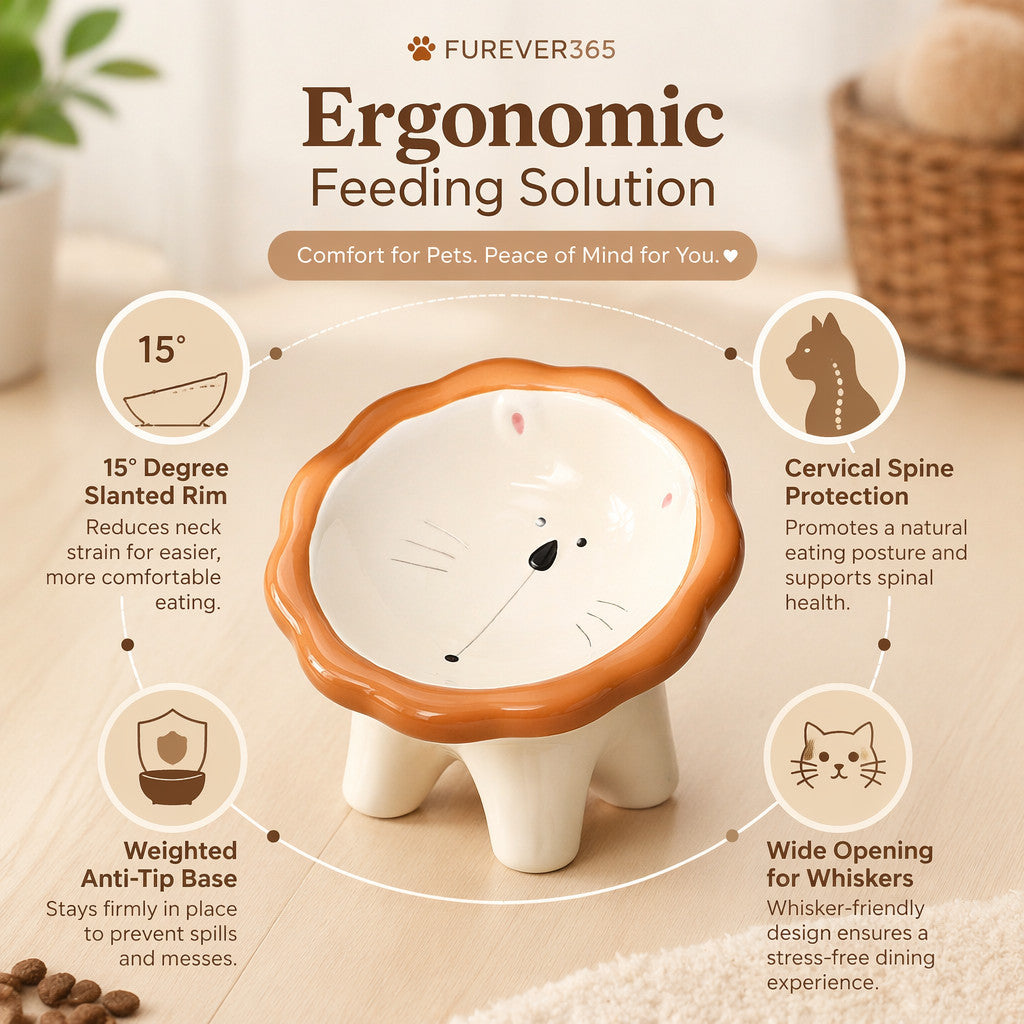FUREVER365 Ceramic Cat Bowl Cervical Protection Slanted Anti-Tip Food Water Basin Comel Pet Feeder