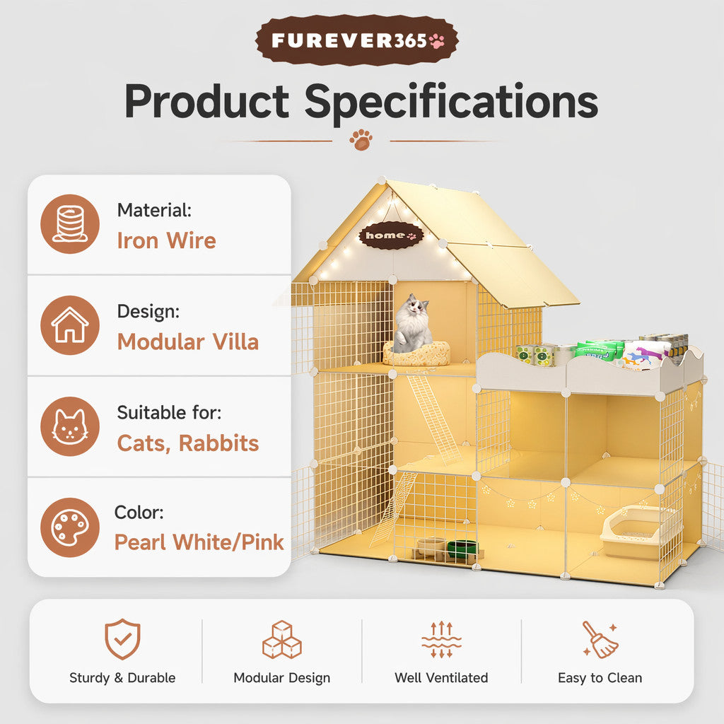FUREVER365 Luxury Cat Villa Cage DIY Large Space Pet House with Toilet Area Indoor Metal Cat Kennel