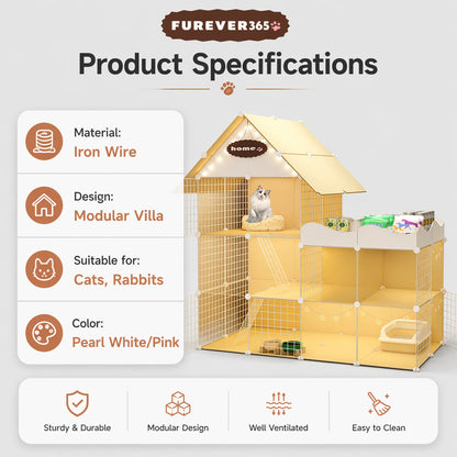 FUREVER365 Luxury Cat Villa Cage DIY Large Space Pet House with Toilet Area Indoor Metal Cat Kennel