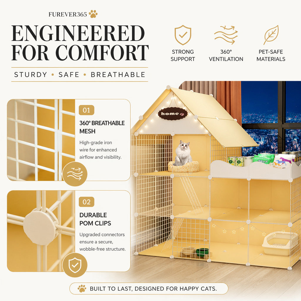 FUREVER365 Luxury Cat Villa Cage DIY Large Space Pet House with Toilet Area Indoor Metal Cat Kennel
